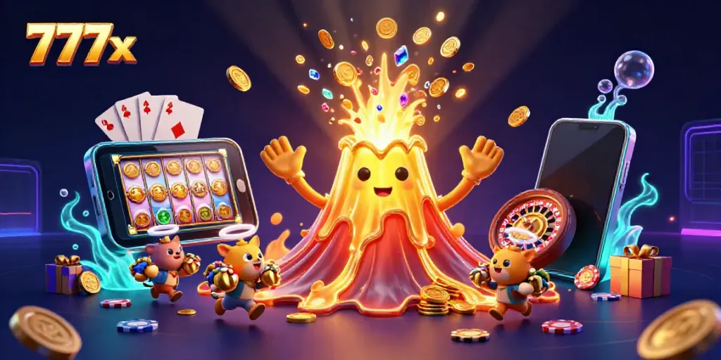 Engage with thrilling 777x gaming experience featuring a golden volcano and explosive casino action.