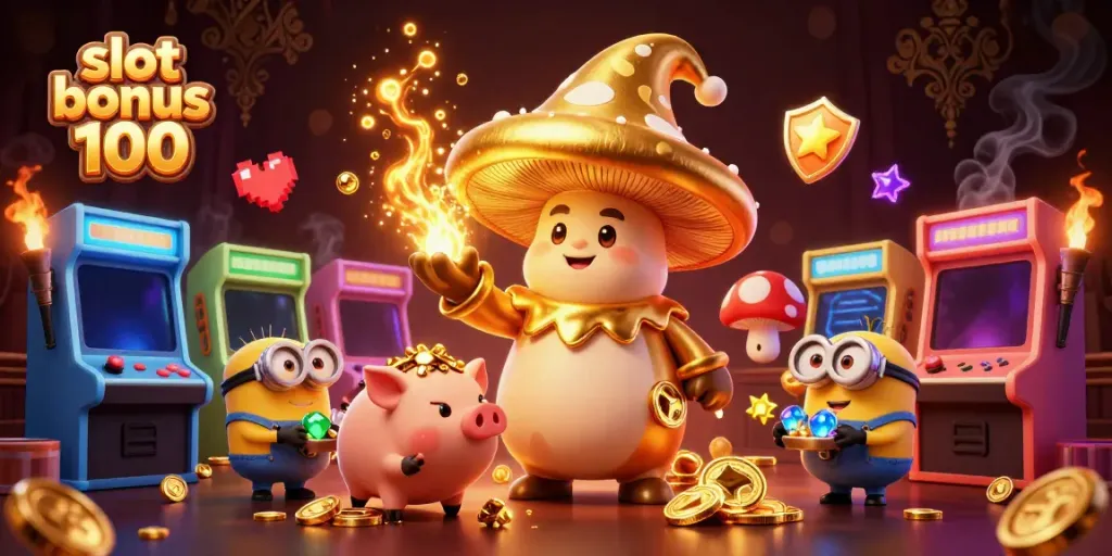 Experience the excitement of slot bonus 100 with a magical scene showcasing a wizard, pig, and treasures.