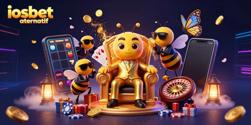 Menggunakan iosbet alternatif, ilustrasi 3D lebah bos mafia dalam ruangan singgasana dengan elemen kasino yang dinamis.