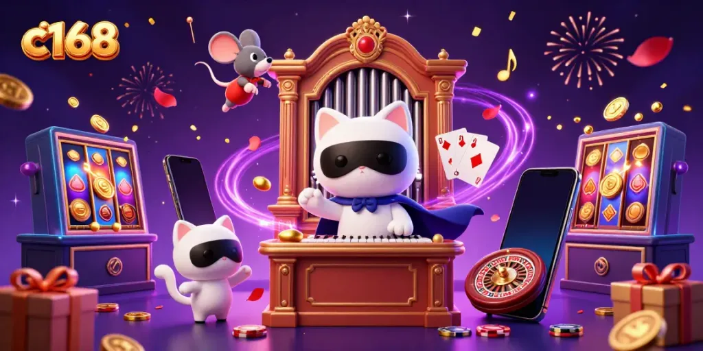 Engage with c168 casino action featuring a whimsical phantom cat at a grand organ with gold coins and magical elements