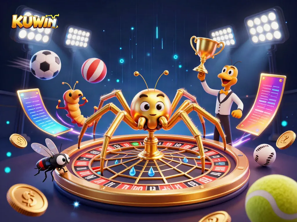 Bet on KUWIN with a golden spider roulette wheel and dynamic sports elements surrounding it.