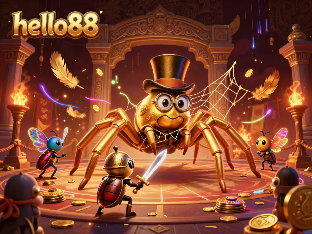 Experience exciting gameplay at hello88 with our giant golden tarantula and beetle knight in a vibrant casino setting.