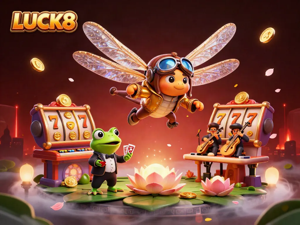 LUCK8 casino promotional illustration showcasing lively characters and vibrant gaming elements.