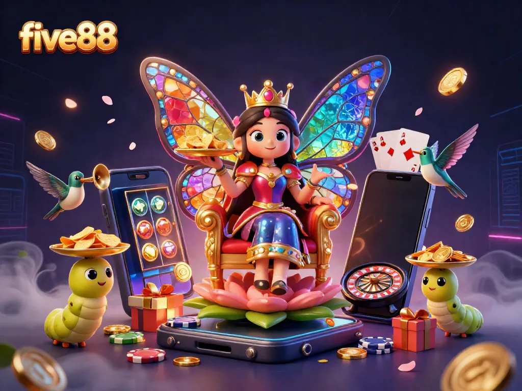 Experience lively gameplay at five88 with a vivid butterfly queen surrounded by a dynamic casino scene.