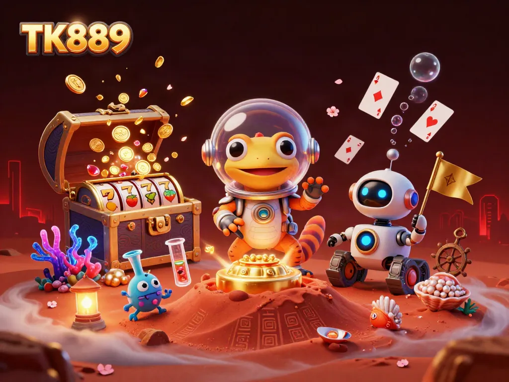 TK889 showcases a Martian gecko and robot discovering a golden casino, filled with vibrant gaming elements.