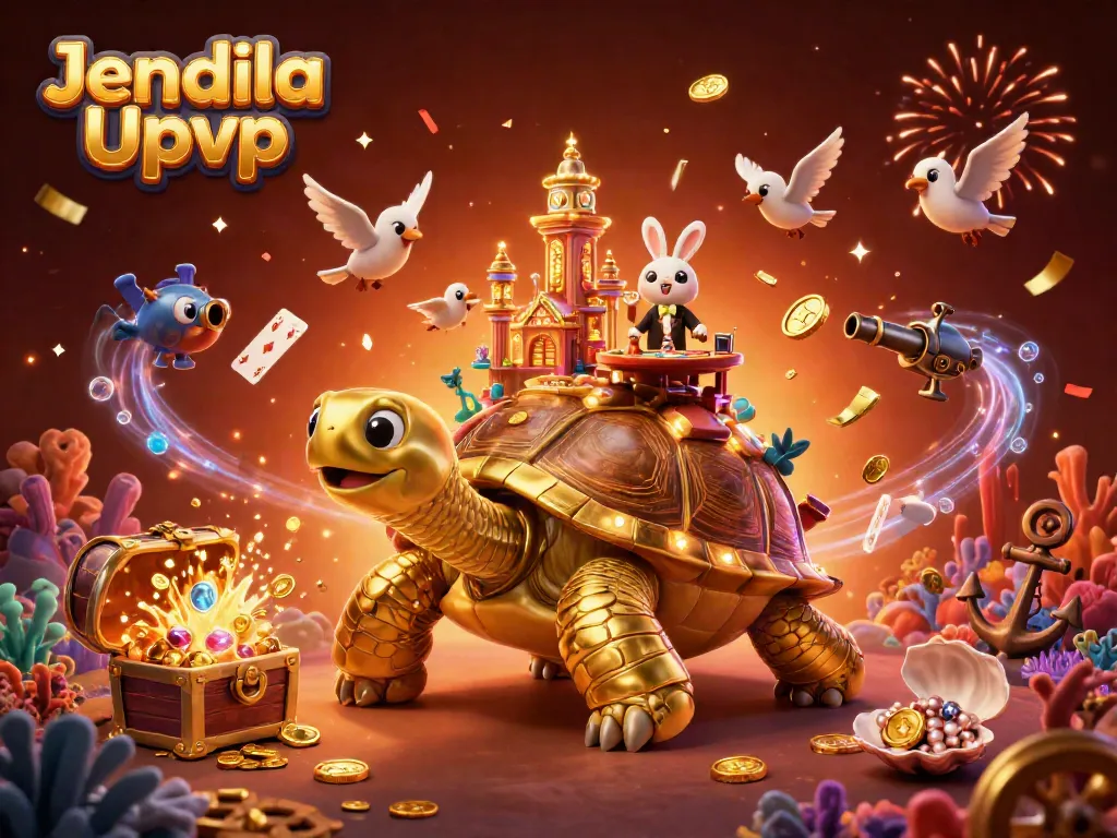 Engage with Jendela Upvc in this vibrant 3D casino scene filled with golden coins and playful characters.