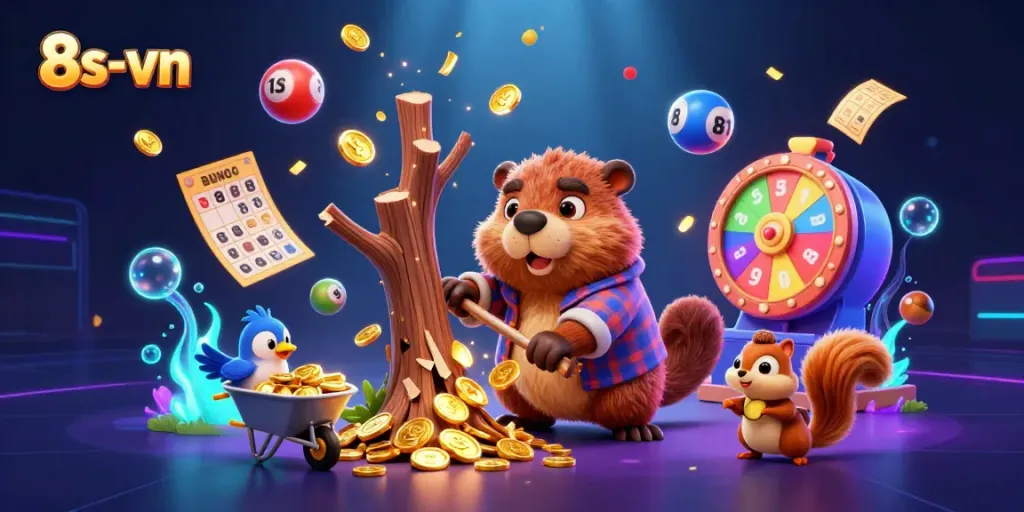 Engage in thrilling casino action with 8s-vn as vibrant coins rain down from the lumberjack beaver.