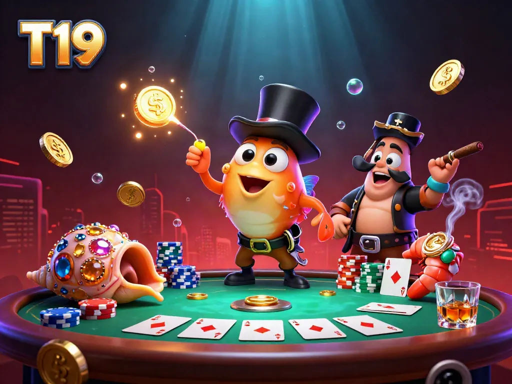 Engage with T19's vibrant underwater casino, showcasing an anglerfish and pirate shrimp amidst dazzling poker elements.