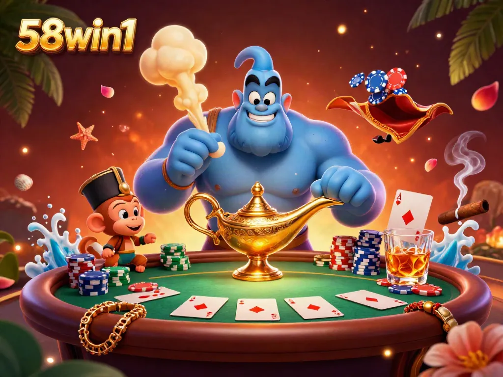 Experience winning thrills at 58win1 with an exciting poker scene featuring vibrant characters and casino elements.