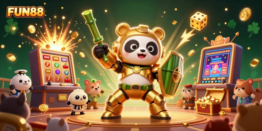 Experience thrilling gameplay with FUN88 in an ultra-detailed casino scene, featuring dynamic characters and vibrant game elements.