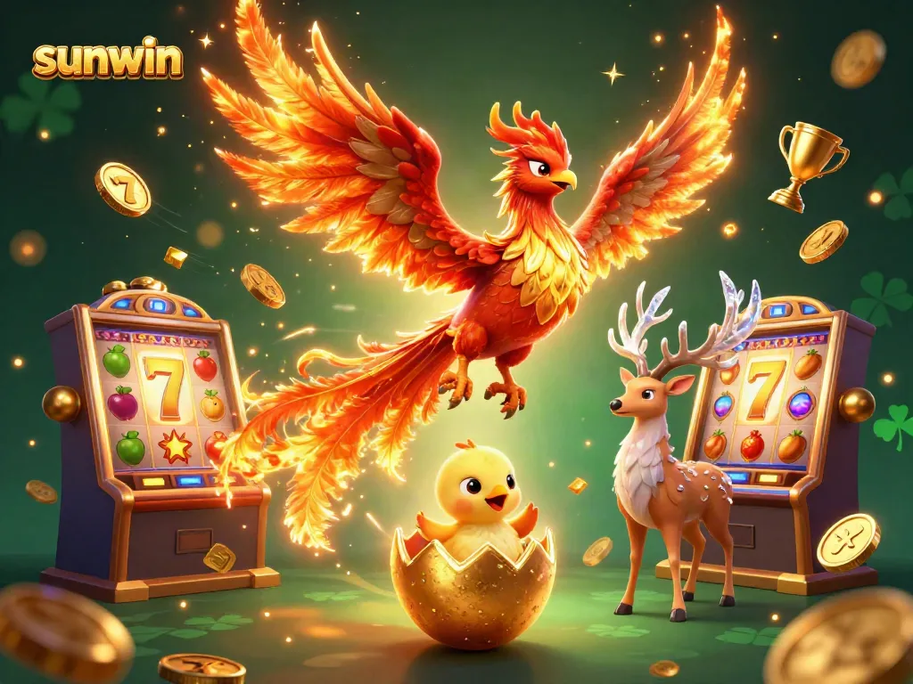 Experience the thrill of sunwin's slot gaming with a phoenix soaring over golden jackpots in a vibrant scene.
