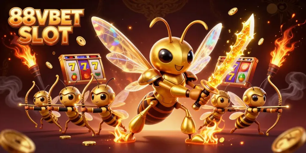 Engaging 88VBET SLOT illustration showcasing a golden hornet samurai and bee archers amidst dynamic slot elements.