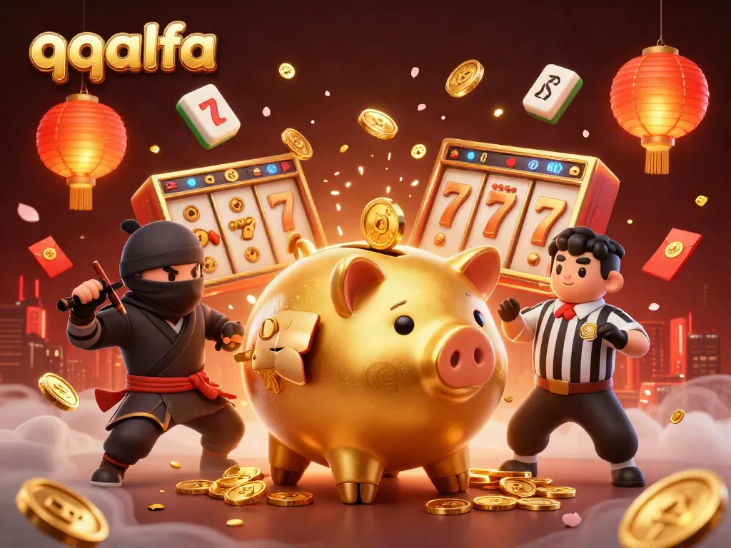 Gambaran 3D kartun qqalfa yang menampilkan pegulat celengan emas melakukan aksi menarik dalam suasana kasino.