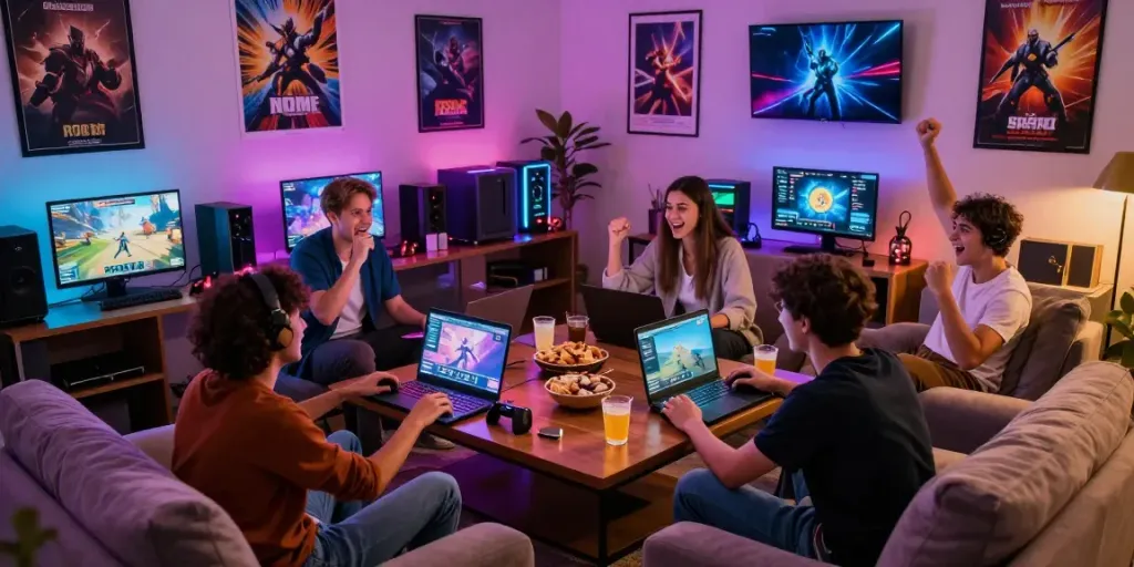 Diverse friends enjoying games on Kilat404 platform in a lively living room.