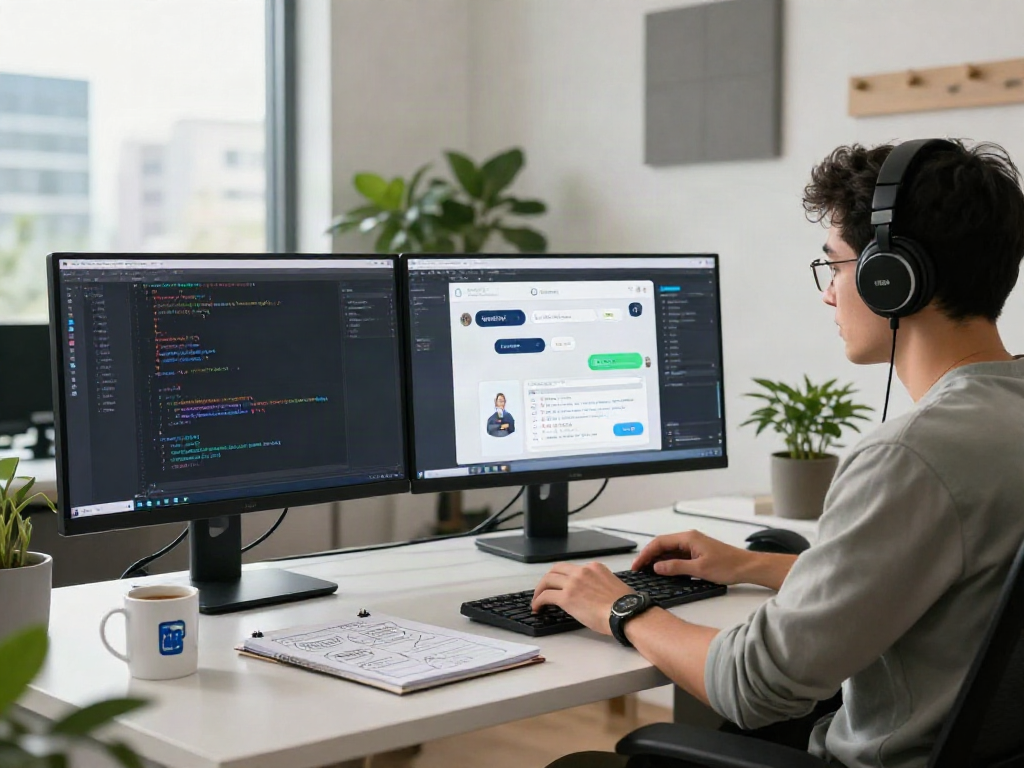 Developer working on an ai chat nsfw application in a modern tech workspace