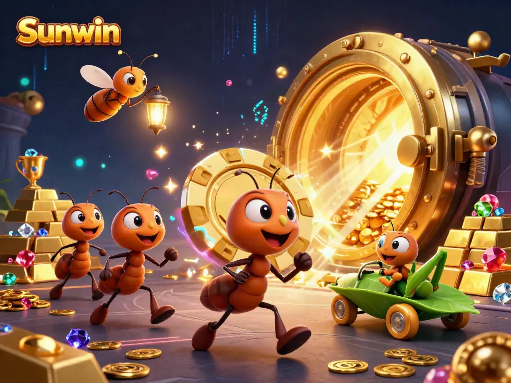 Engage with Sunwin's vibrant gaming experience featuring ants heisting a giant poker chip amidst dazzling gold and jewels.