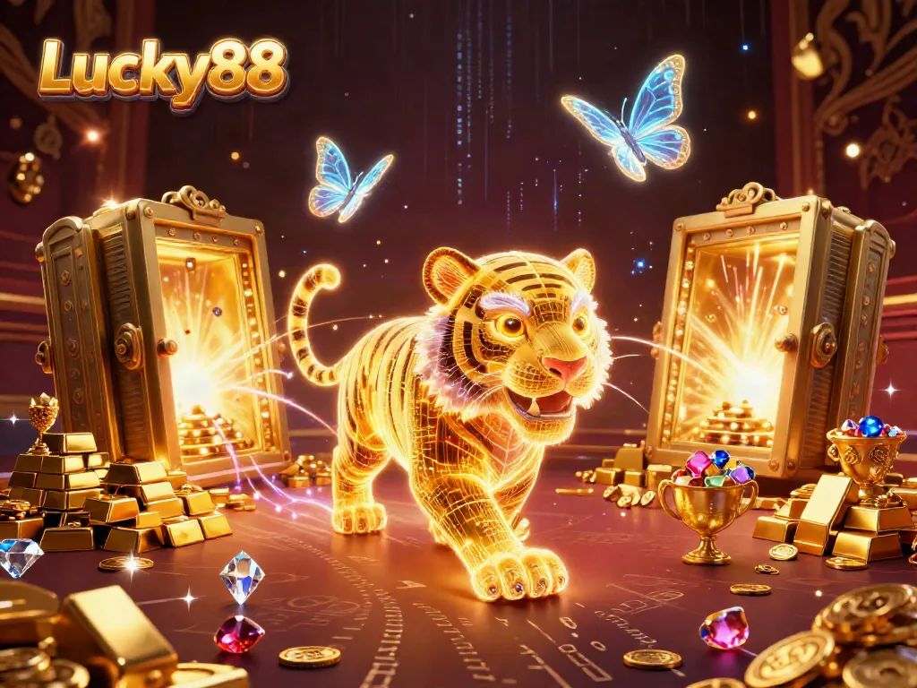 Experience the excitement of Lucky88 with a golden tiger and dazzling treasures in a vibrant digital casino.