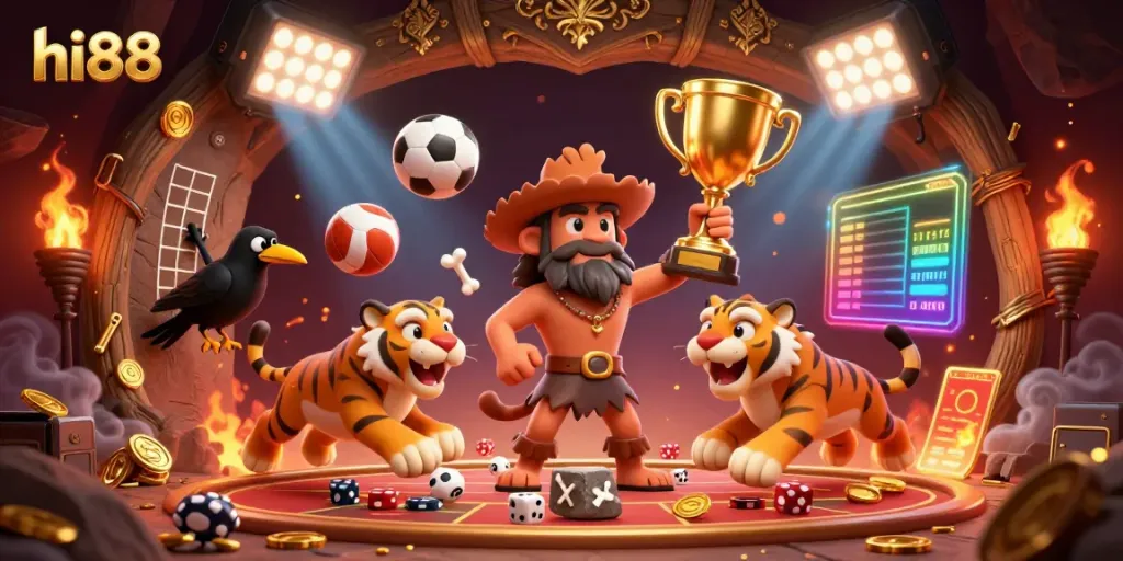 Bet on thrilling games at hi88 with a dynamic prehistoric casino scene featuring captivating characters.