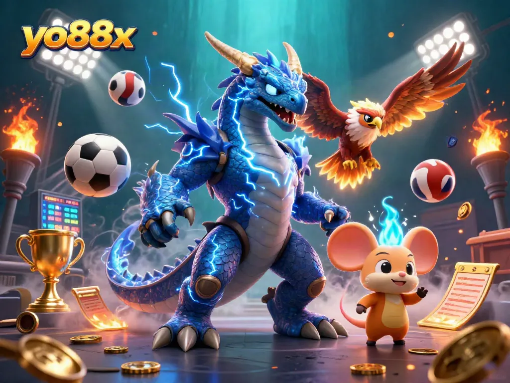 Experience thrilling actions with yo88x, featuring casino elements and dynamic characters like a thunder dragon and wind hawk.