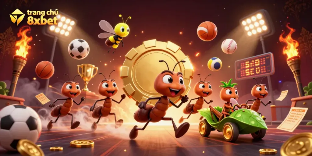 Experience the excitement of trang chủ 8xbet with animated ants carrying a giant poker chip amidst vibrant casino elements.