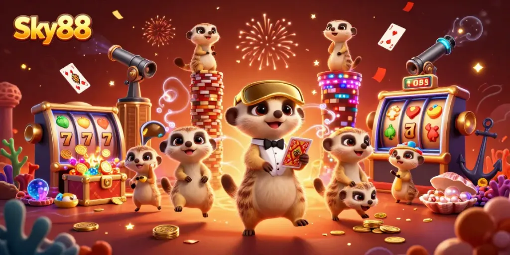 Sky88 showcases a lively casino scene with meerkats and dynamic slot machine action, highlighting fun and excitement.