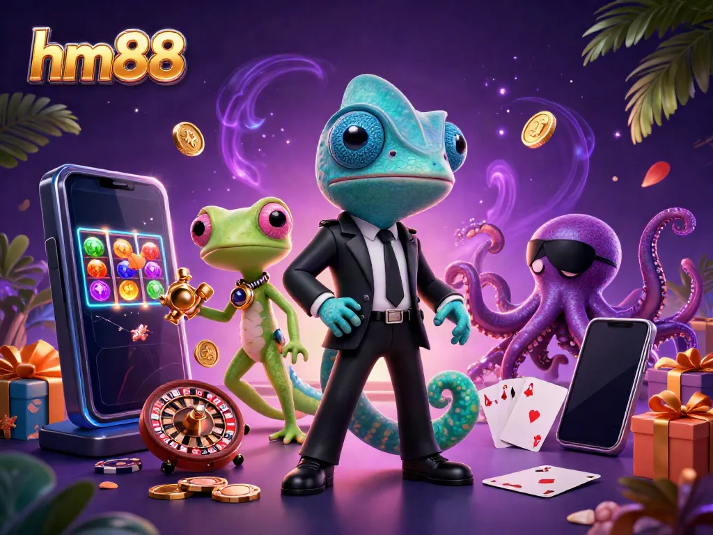 Experience dynamic gaming action with hm88 featuring a chameleon, gecko, and octopus amidst vibrant casino elements.