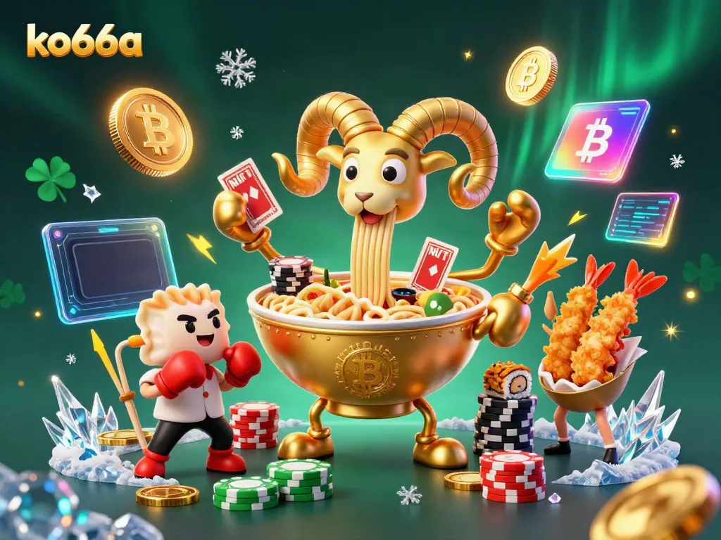 Engage with ko66a in a vibrant 3D casino scene featuring a golden ramen bowl dealer and dazzling crypto elements.