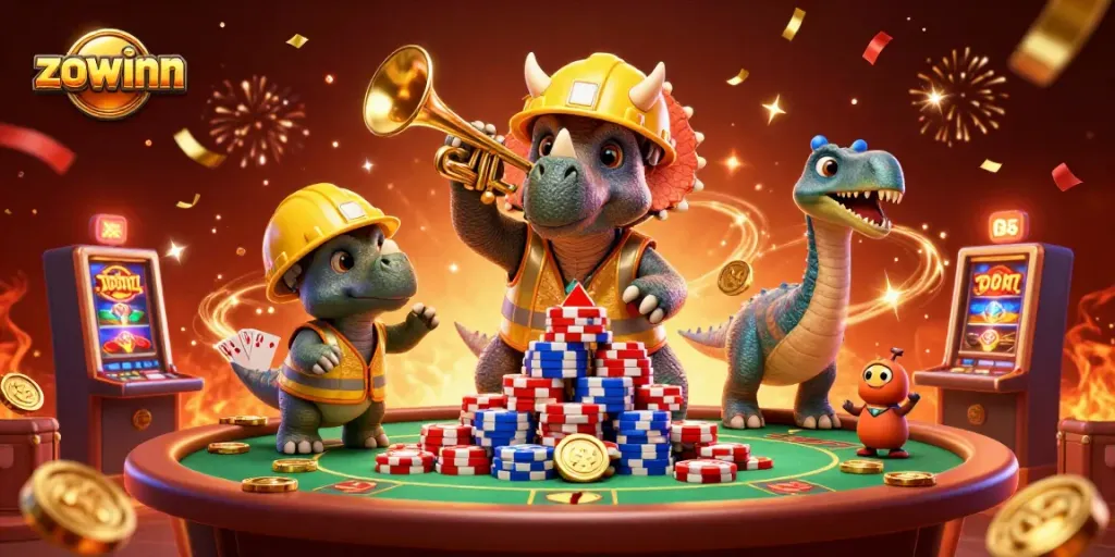 Zowinn offers an exciting celebration in a vibrant casino scene with cheerful characters and dynamic festive elements.