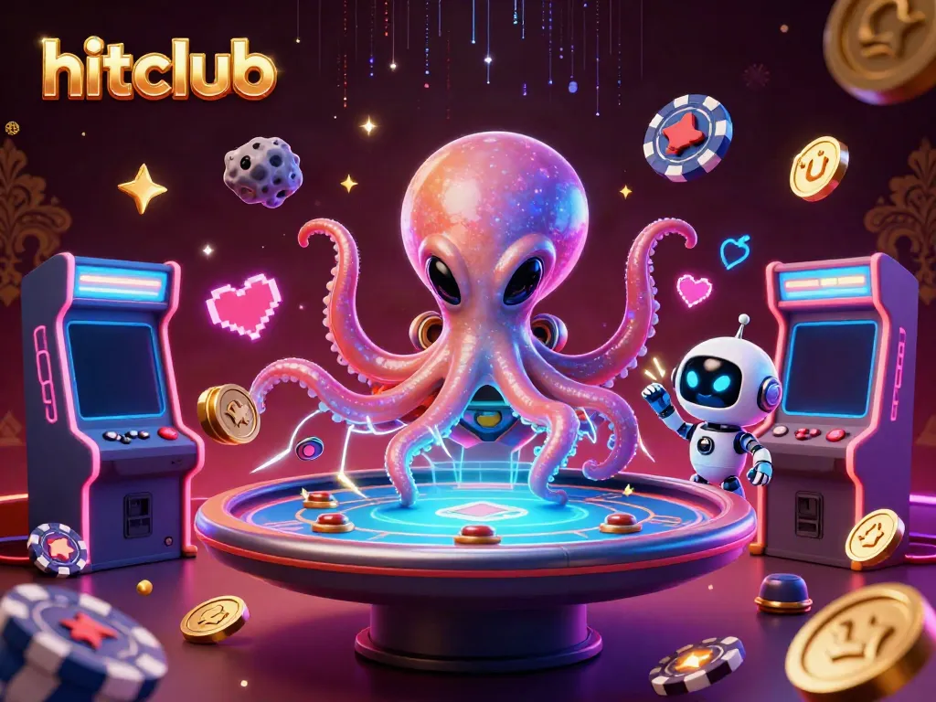 Hitclub alien octopus gaming at a holographic poker table in a vibrant casino scene.