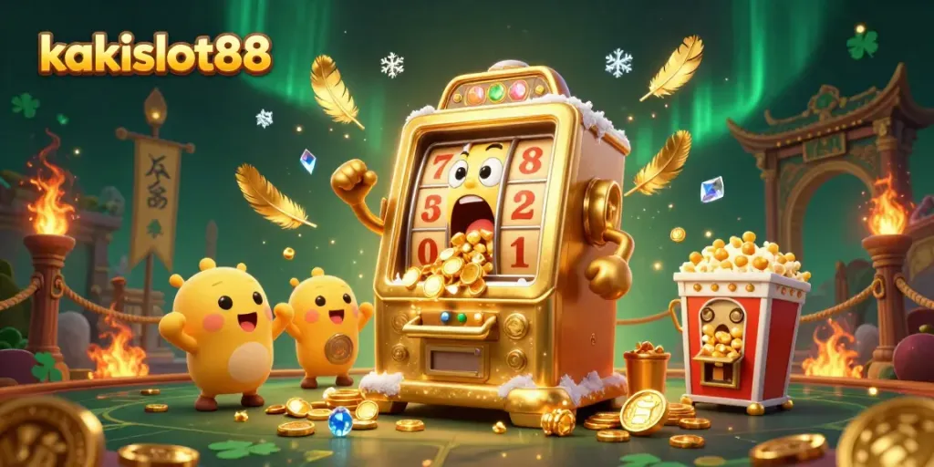 KakiSlot88 mesin slot yang beraksi mengeluarkan koin dalam suasana kasino yang meriah.