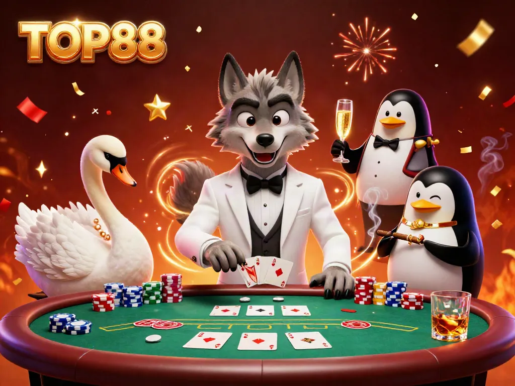 Experience the excitement of TOP88 with a wolf, swan, and penguin at a high-stakes baccarat table.