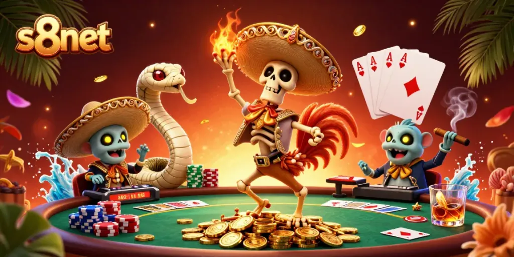 Experience thrilling victory with s8net in a vibrant casino scene featuring dancing characters and poker elements.