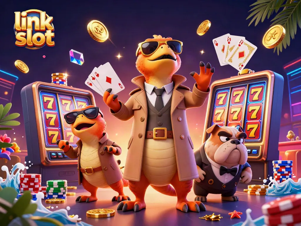 Experience the thrill of link slot gaming with raptors sneaking into a VIP area amidst dazzling casino elements.