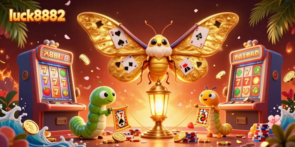 Win big with luck8882: A vibrant casino scene filled with dynamic characters and golden treasures.