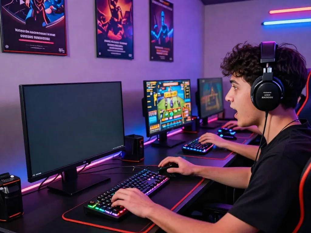 A player immersed in a gaming session, intensely focused on slot gacor hari ini with vibrant LED lights and gaming gear.