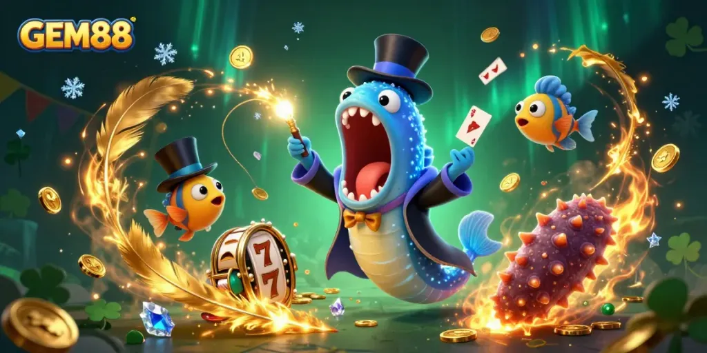 GEM88 features a magical underwater casino scene with a gulper eel performing tricks amidst slot machines and sparkling treasures.