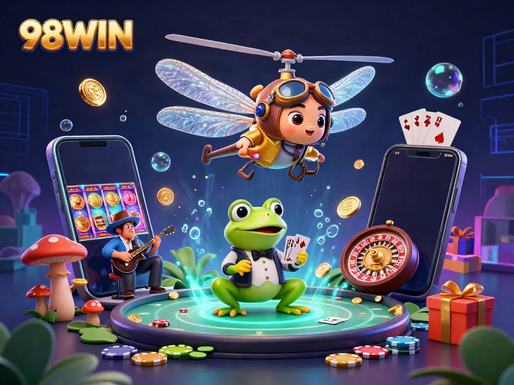 Experience thrilling fun with 98WIN as the dragonfly pilot navigates a vibrant casino scene filled with gambling excitement.