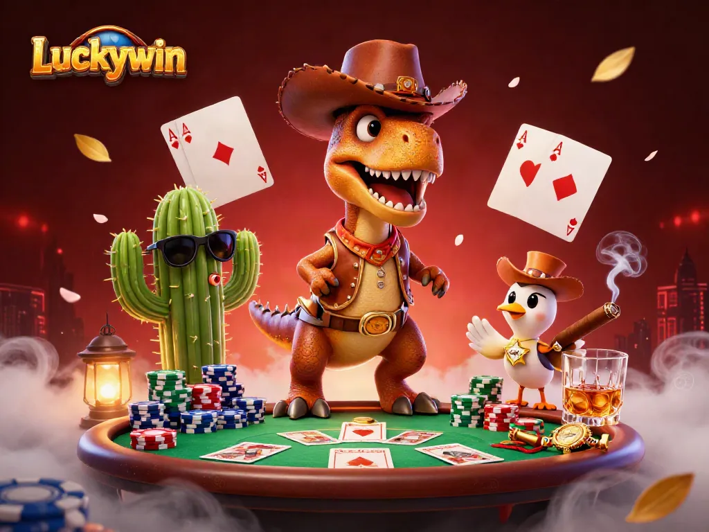 Engage with Luckywin's thrilling poker scene featuring a T-Rex, cactus sidekick, and dynamic game elements.