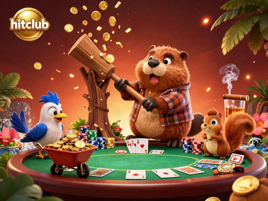 Hitclub's vibrant beaver character cheerfully collects golden coins at an action-packed poker table.