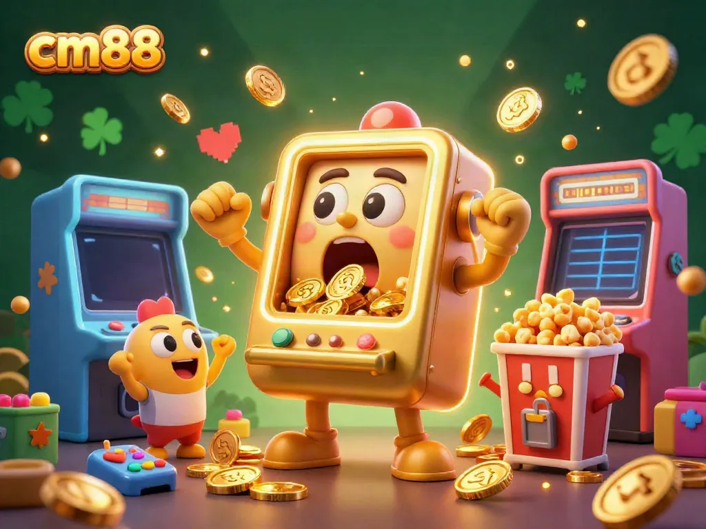 Engage in exciting gameplay with cm88's golden slot machine amazed at its jackpot, in a vibrant casino environment.