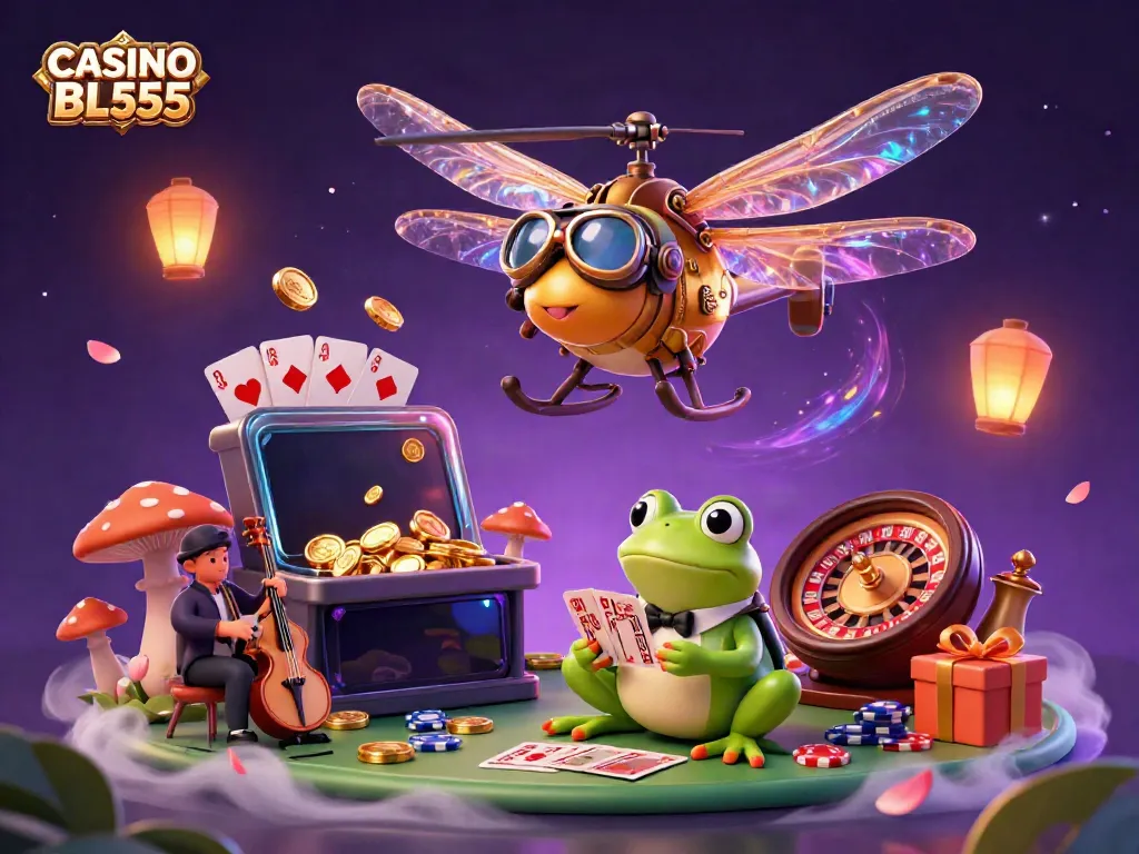 Experience thrilling action at CASINO BL555 with a cartoon dragonfly pilot and frog croupier interacting in a vibrant casino scene.