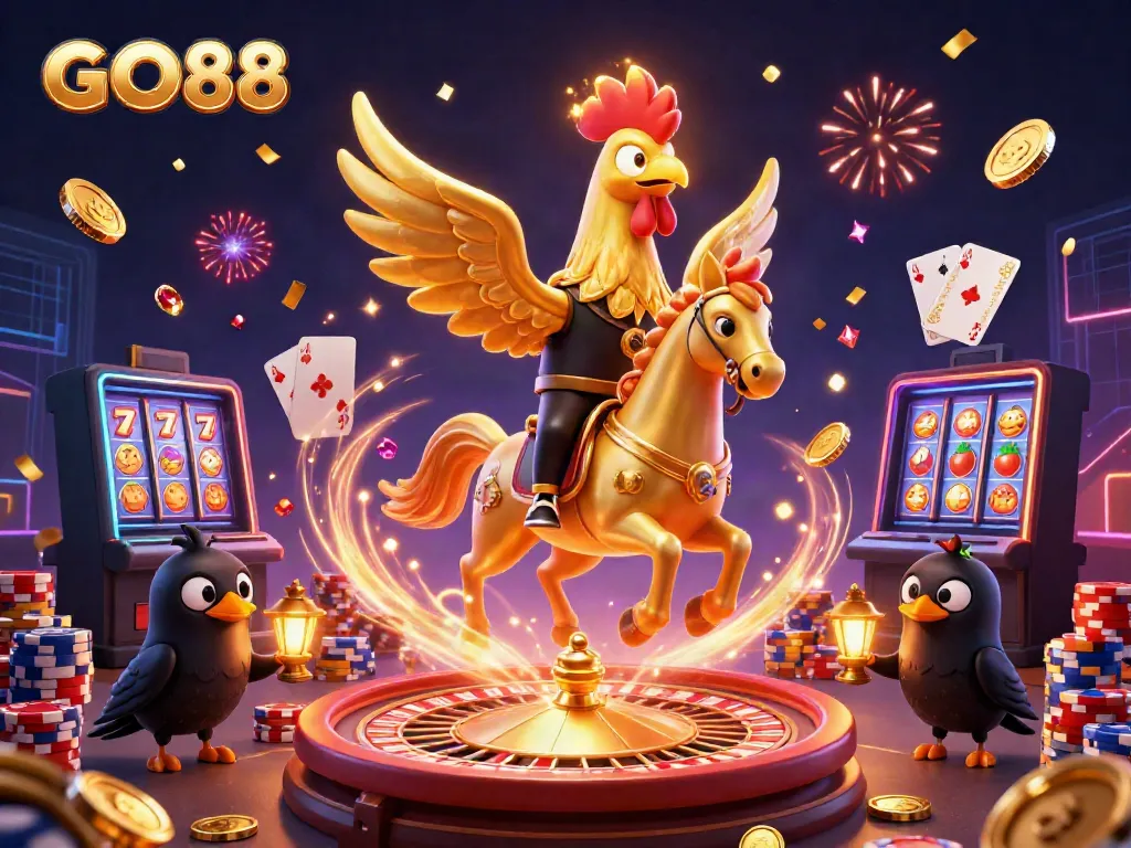 Experience the thrill at GO88 casino with a vibrant 3D illustration showcasing golden rooster and cosmic elements.