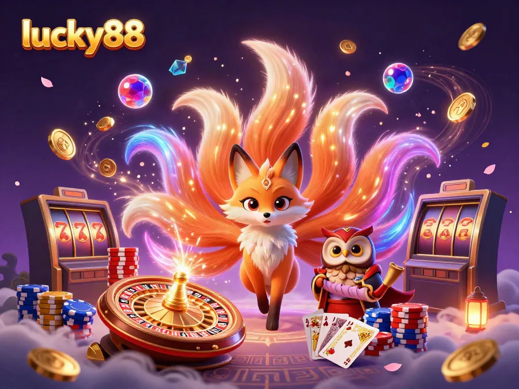 Experience the vibrant energy of lucky88 with a mystical nine-tailed fox and casino elements.