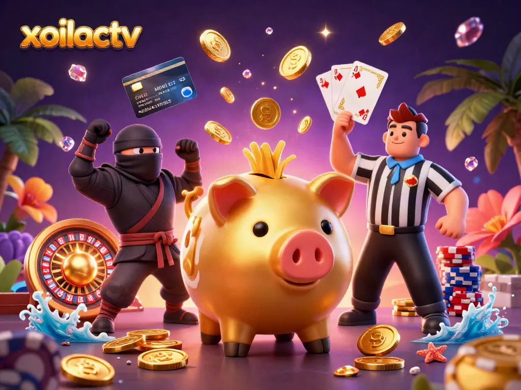 Xoilactv showcases an ultra-detailed 3D gaming scene of a sumo piggy bank and ninja in a vibrant casino atmosphere.