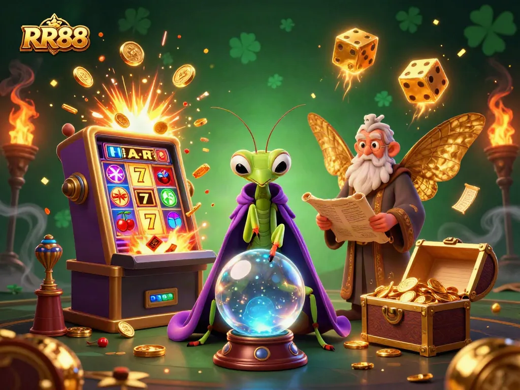 Witness RR88's winning jackpots with vibrant characters and exciting casino elements in a dynamic illustration.