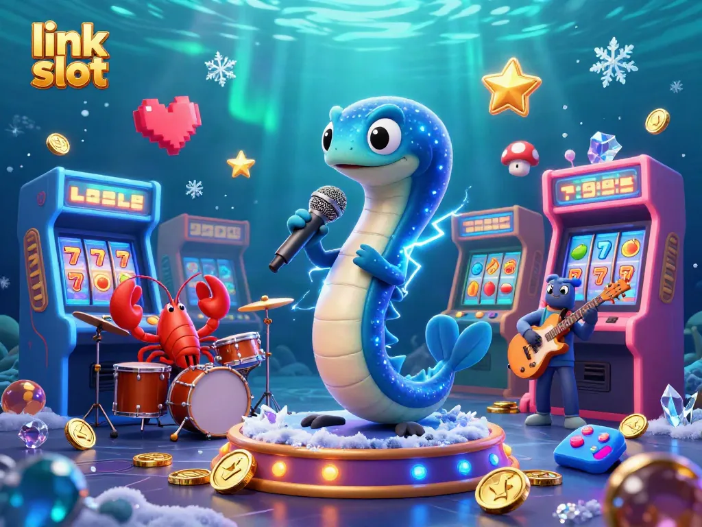 Engage with the thrilling link slot experience in this vibrant underwater casino scene featuring neon characters.