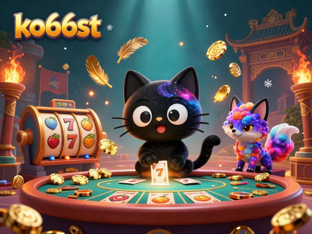 Experience the thrill of gambling at ko66st with a cosmic casino scene featuring enchanting characters and vibrant game elements.