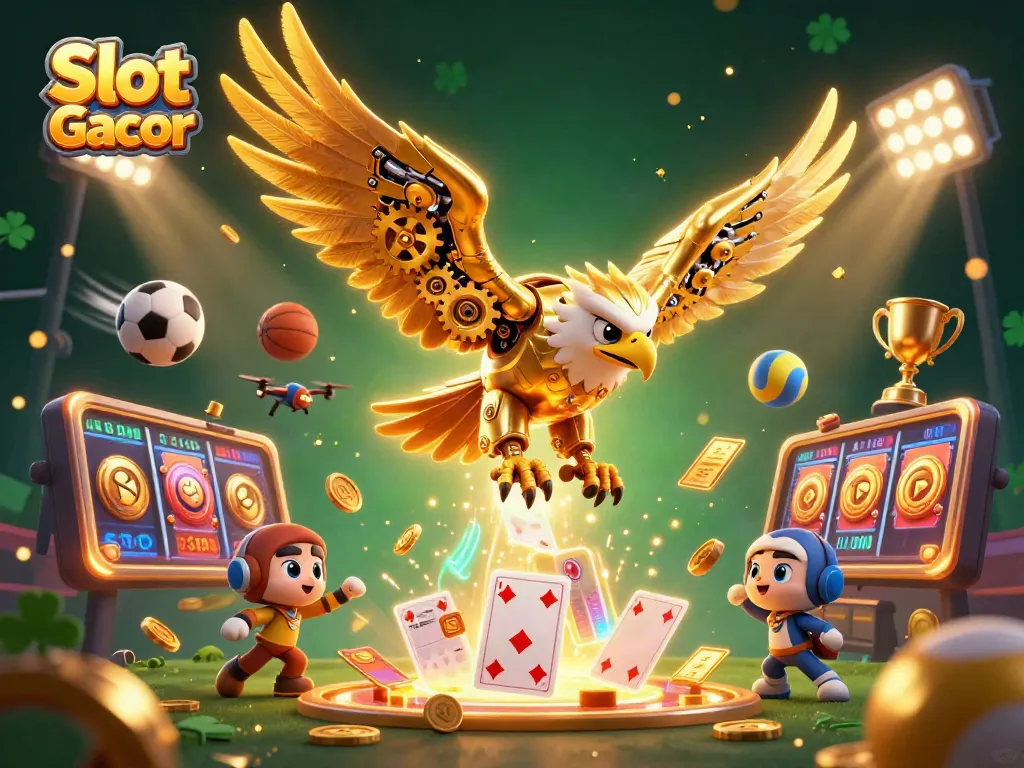 Experience thrilling gameplay with Slot Gacor, featuring a golden eagle amidst dynamic gaming elements and cards.