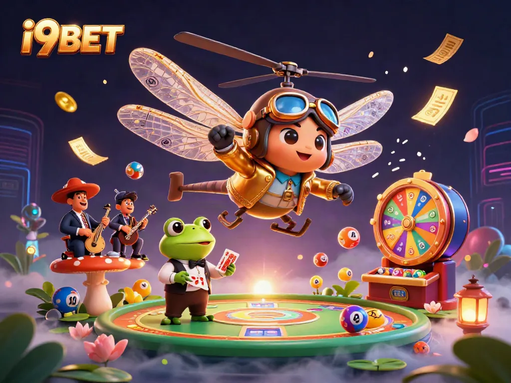 Engage with i9BET's vibrant casino scene featuring a dragonfly pilot and a frog dealer in action.