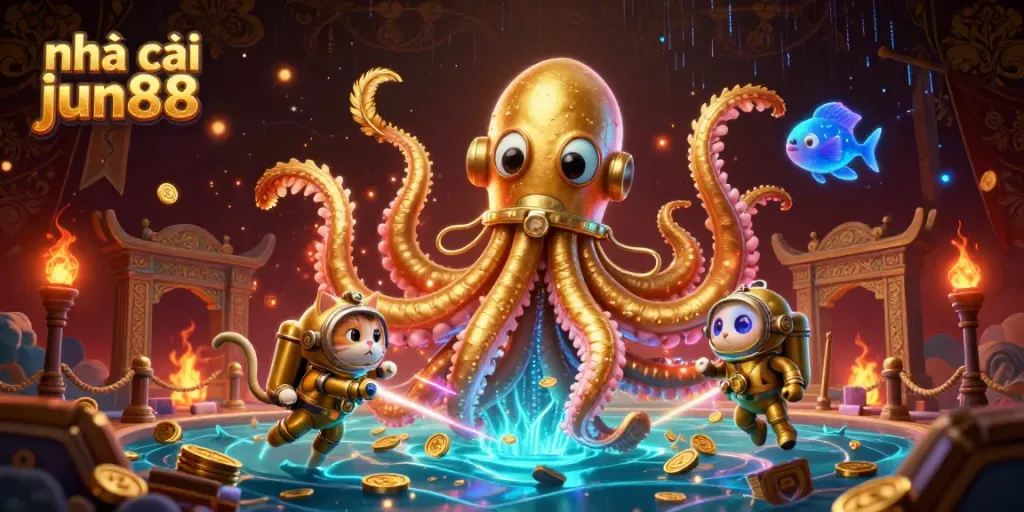 Experience the thrill of nhà cái jun88 with a colossal kraken and diving cat in an exciting casino-themed illustration.